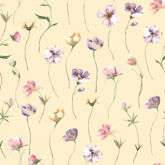 Seamless pattern with hand painted watercolor flowers. Cute design for Summer textile design, scrapbook paper, decorations. Floral seamless pattern. High quality illustration
