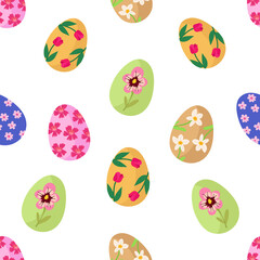 Seamless pattern with Easter spring bright eggs of different colors. Vector festive background for printing on paper, fabric, packaging.