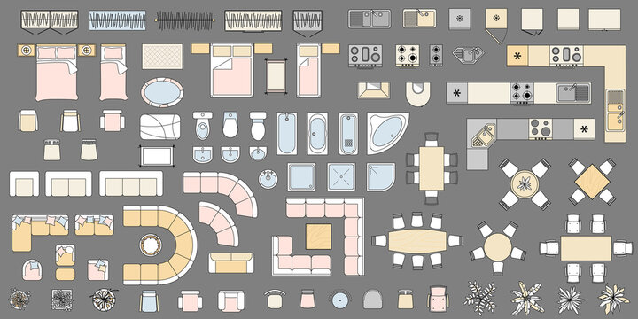 Furniture top view for interior design. Colored Objects and elements for plan of apartment, living room, bedroom, kitchen, bathroom. Kit of isolated icons for blueprint. Vector Illustration Floor plan