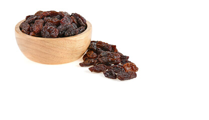 Dried raisins in bowl isolated on white background
