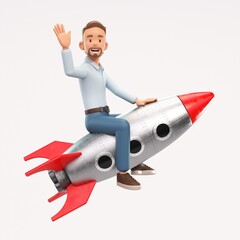 Happy businessman flying on a rocket up. Business startup concept, Launching of a new company or product. 3d rendering