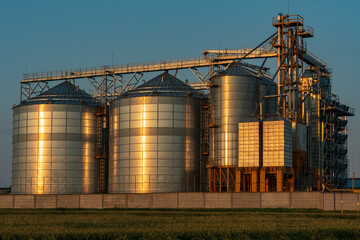 A large modern plant near a wheat field for the storage and processing of grain crops. view of the silver silos illuminated by the light of the setting sun against the blue sky. harvest season