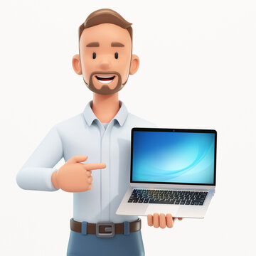 Smiling happy businessman pointing finger at his laptop computer, Digital marketing and data science concept, 3d rendering