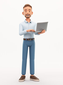 Standing happy man holding laptop. Cartoon smiling businessman using computer, digital marketing, data science concept, 3d rendering