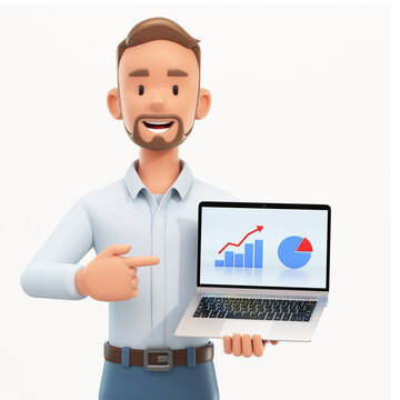 Smiling happy businessman showing graphs and charts on his laptop computer, Digital marketing and data science concept, 3d rendering