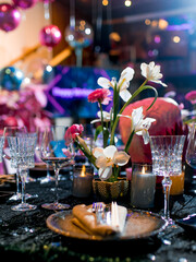 Fototapeta na wymiar Decorated catering banquet table with different food appetizers assortment on a party
