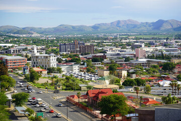 12 February 2022 - Windhoek, Namibia : View across city center of Windhoek, capital city of Namibia