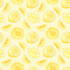 Watercolor seamless lemon slices pattern isolated on yellow background.Good for print,textile,package design and more.