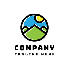 mountain with sun cartoon logo design