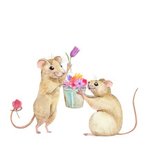 mice and flowers watercolor illustration spring  flower rain mouse picking flowers