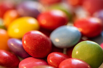 Close-up of colorful chocolate candies, balls