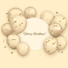 Merry Christmas and Happy New Year card with realistic gold balloons, serpentine, confetti and glitter. Luxury elegant design. Celebration card. Vector illustration.