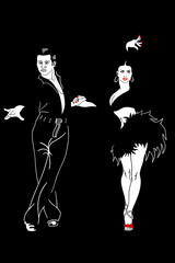 A beautiful, passionate man and woman perform a flamenco dance. Drawing on a black background.