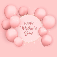 Birthday card with realistic pink balloons, serpentine, confetti and glitter. Luxury elegant design. Vector illustration.