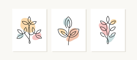 Trees one line posters. Abstract floral linear pastel coloured illustrations.
