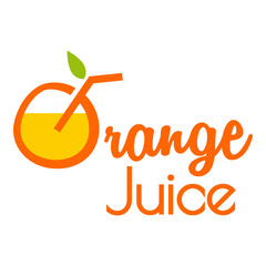 Logo Juice bar. Banner con caligrafía Orange Juice con letra O con forma de bebida de naranja en color naranja y verde