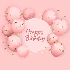 Birthday card with realistic pink balloons, serpentine, confetti and glitter. Luxury elegant design. Vector illustration.