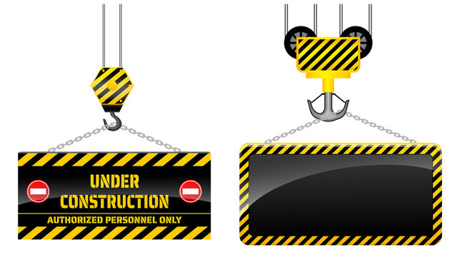 set of realistic under construction caution or crane hook yellow board hanging or caution banner under construction crane. eps vector