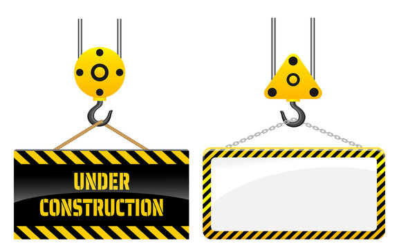 set of realistic under construction caution or crane hook yellow board hanging or caution banner under construction crane. eps vector