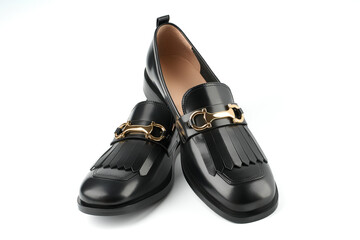 Loafers isolated on white background. Pair of Stylish Expensive Modern Leather Black Loafers Shoes. Fashion concept with woman shoes on white.