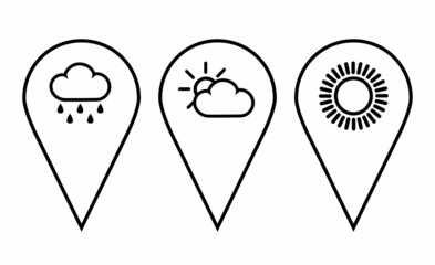 Map pin icon. Various location icons depicting weather, meteorology. GPS location symbol collection. Modern map markers. Vector icon isolated on transparent background