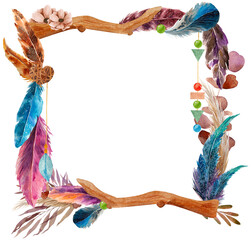 Boho Chic Feather and Bead Frame, watercolor, tribal, ethnic, hippie decoration