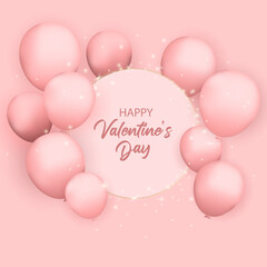 Happy Valentine's day with realistic balloons, serpentine, confetti and glitter. Luxury elegant design. Celebration card. Vector illustration.