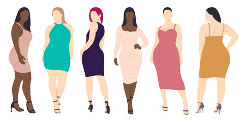 Women in summer dresses vector set. Plus size women in beautiful outfits. 