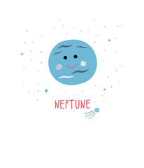 Hand-drawn Cute planet Neptune in cartoon style on a white background, hand lettering neptune