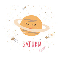 Hand-drawn Cute planet Saturn in cartoon style on a white background, hand lettering saturn
