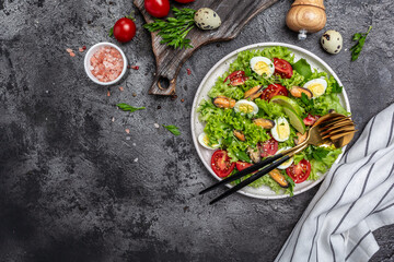 Fresh salad with mussels, quail, egg, conjugate, lime, spinach, lettuce, cherry tomatoes and microgreen. Dietary salad. banner, menu, recipe place for text, top view