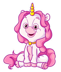 The happy unicorn with the golden horn is sitting