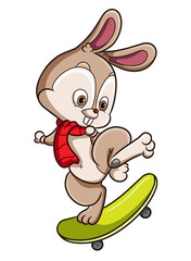The happy rabbit is playing the skateboard