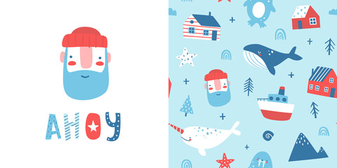Fototapeta premium Cute scandinavian sea pattern with print. Nordic marine collection for apparel design. Seamless vector pattern.