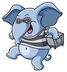 The robber elephant is carrying and stealing safe box quietly