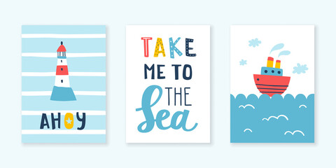 Fototapeta na wymiar Doodle sea nursery poster set with lettering. Cartoon watercraft baby prints for wall art and apparel.