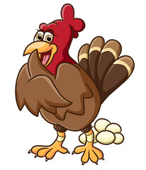 The hen is standing above the eggs with the happy expression