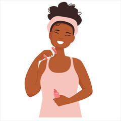 Cute African American girl with curly hair does facial massage for healthy skin. Vector illustration isolated on white background.