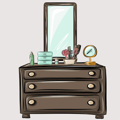 Wooden chest of drawers and a large mirror. Organization of storage of things in the house, comfort, home life, furniture. Isolated vector objects.