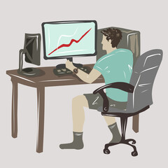 A man is working at a computer. Computer game, trading, stocks. Freelancer, programmer. Home comfort, computer. Isolated vector objects.