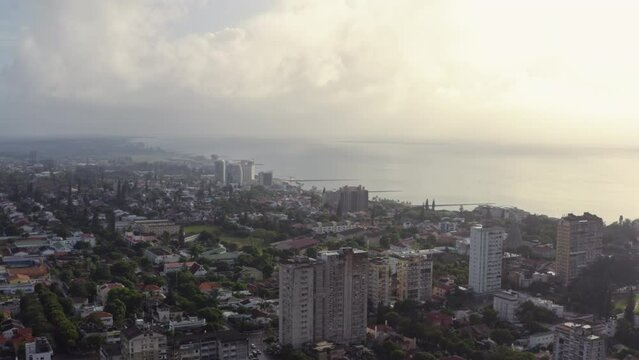 Aerial view Maputo Mozambique. Cityscape of the city center with tall buildings and skyline on the shores of the Indian Ocean in Africa.