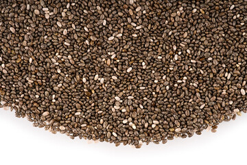 Chia seeds isolated with white background. Pile of healthy chia seeds background.