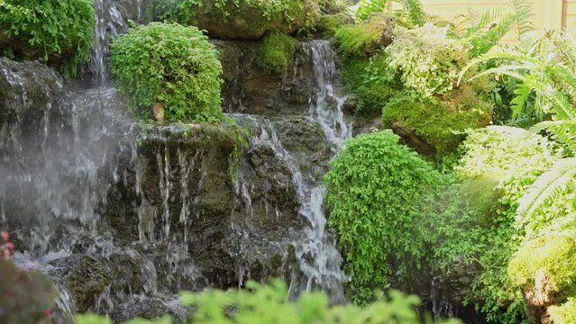 A small decorative waterfall in the Park or in the garden. Landscape design. Waterfall fountain for tropical garden decoration with small green plants