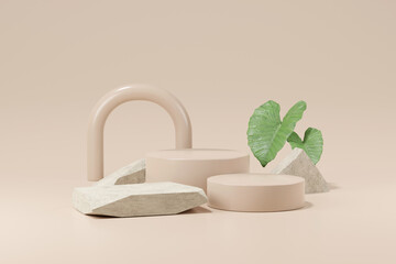 Mock up of stone and small plant forming a product podium, Cosmetic presentation. 3d rendering.