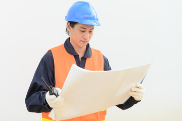 engineer holding construction drawing paper and radio communication on white background.