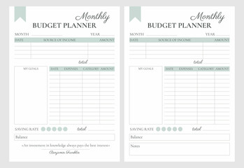 Financial planner page vector templates. Budget for the month. Minimalistic strict design with a quote or notes