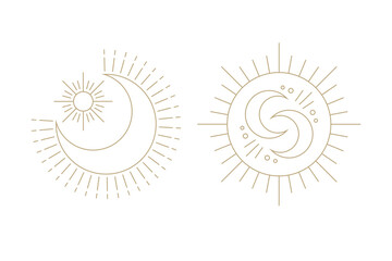 Sun and moon line art clipart. Outline sun logo, moon tattoo.