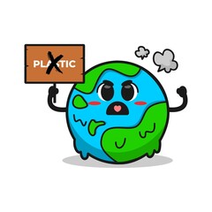 cute earth illustration holding a board. illustration of protest against the use of plastic.