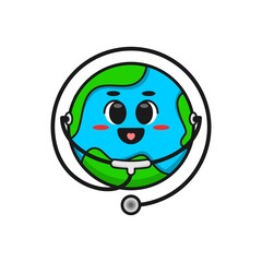 cute earth wearing a stethoscope. world health day vector illustration.