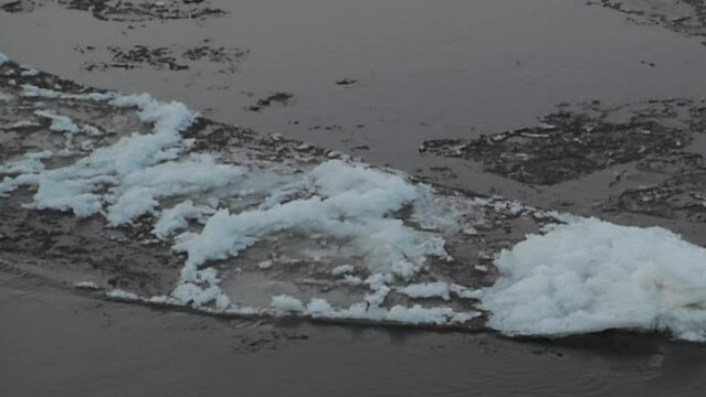 The movement of pieces of ice along the river at sunset, ice drift, winter landscape, melting ice, spring thaw